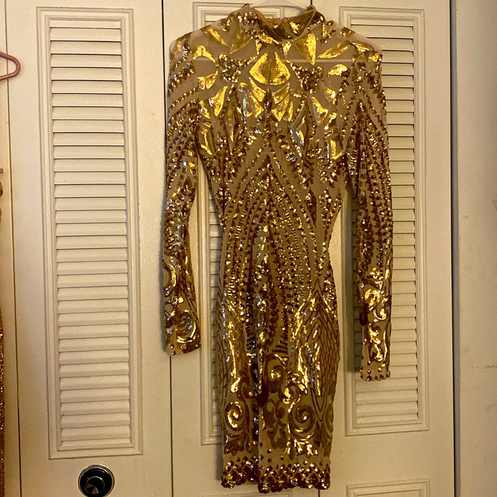 Elegant Gold Nude short long-sleeved Mesh dress/ nude underwear and top inside.